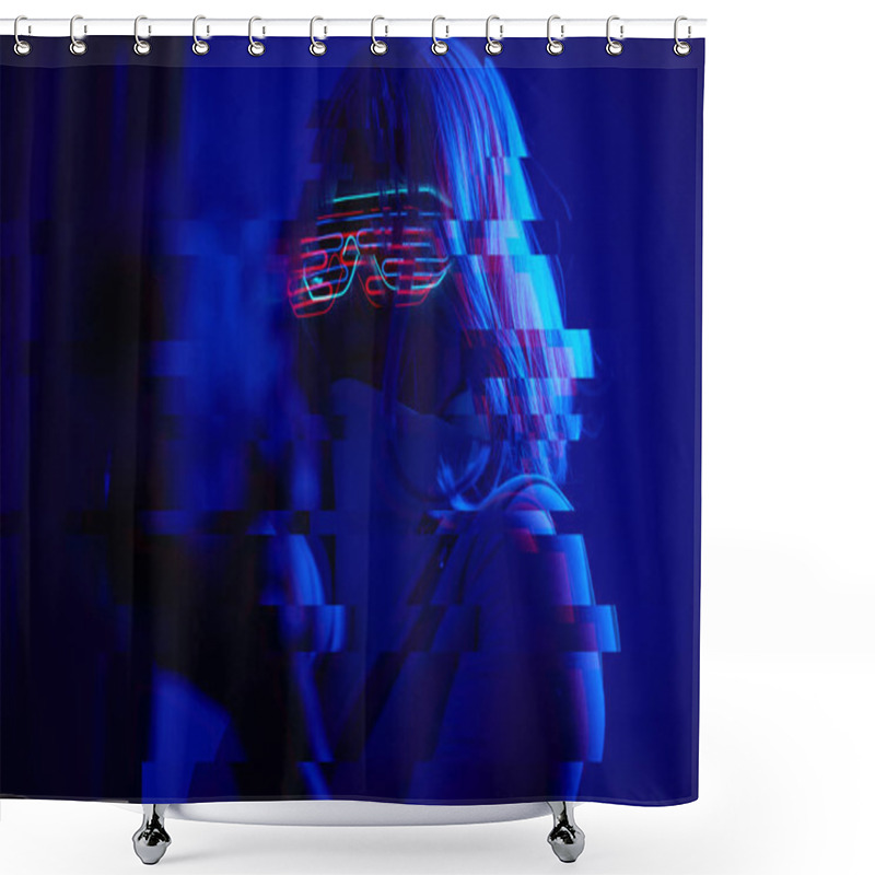 Personality  Girl With Blaster In The Futuristic Battle. Concept Virtual Reality, Cyber Game. Image With Glitch Effect. Shower Curtains