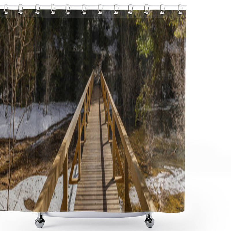 Personality  Wooden Bridge With Sunlight In Spring Forest, Banner  Shower Curtains