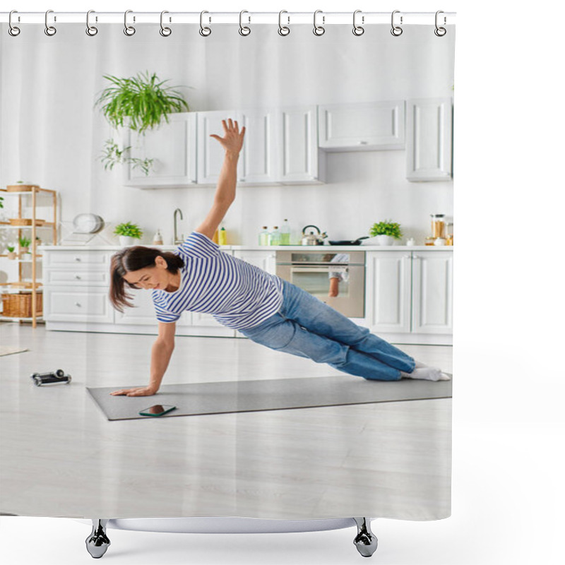 Personality  Mature Woman In Cozy Homewear Practicing Yoga Pose On Mat At Home. Shower Curtains