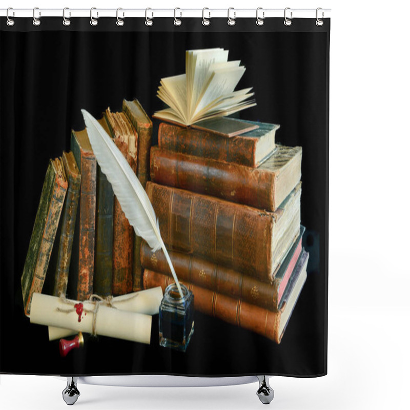 Personality  Still Life With A Letter, A Pen And Old Books Isolated On A Black Background Shower Curtains