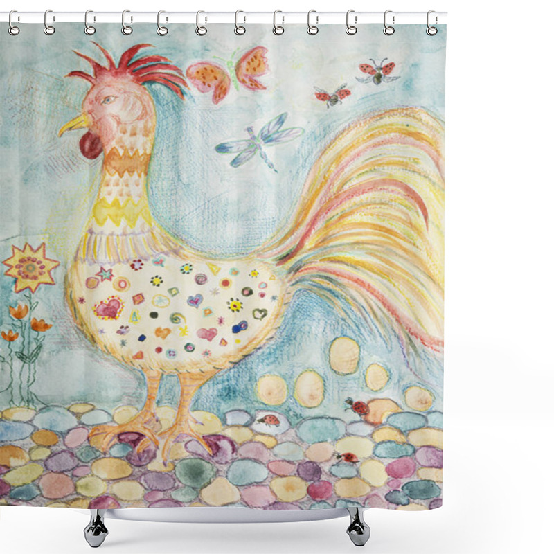 Personality  Ornamental Folk Art Rooster. The Dabbing Technique Near The Edges Gives A Soft Focus Effect Due To The Altered Surface Roughness Of The Paper. Shower Curtains