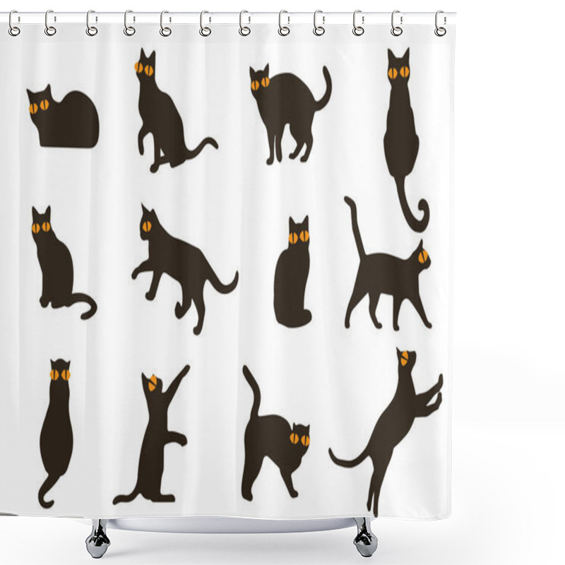 Personality  Set Vector Silhouettes Of The Cat, Different Poses, Standing, Jumping And Sitting, Black Color, Isolated On White Background. Vintage Cats Icons. Shower Curtains