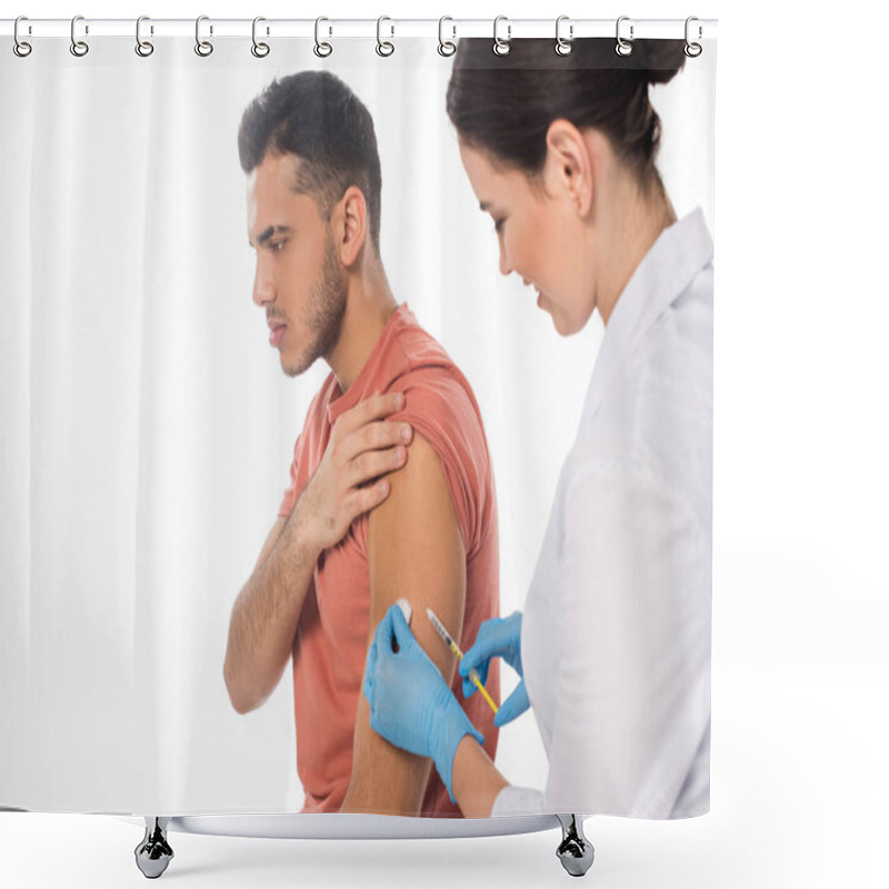 Personality  Side View Of Doctor Doing Vaccine Injection To Patient Isolated On White Shower Curtains