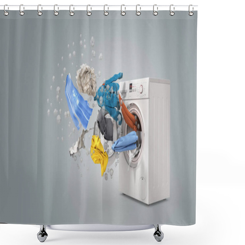 Personality  Washing Machine And Flying Clothes On Grey Background Shower Curtains