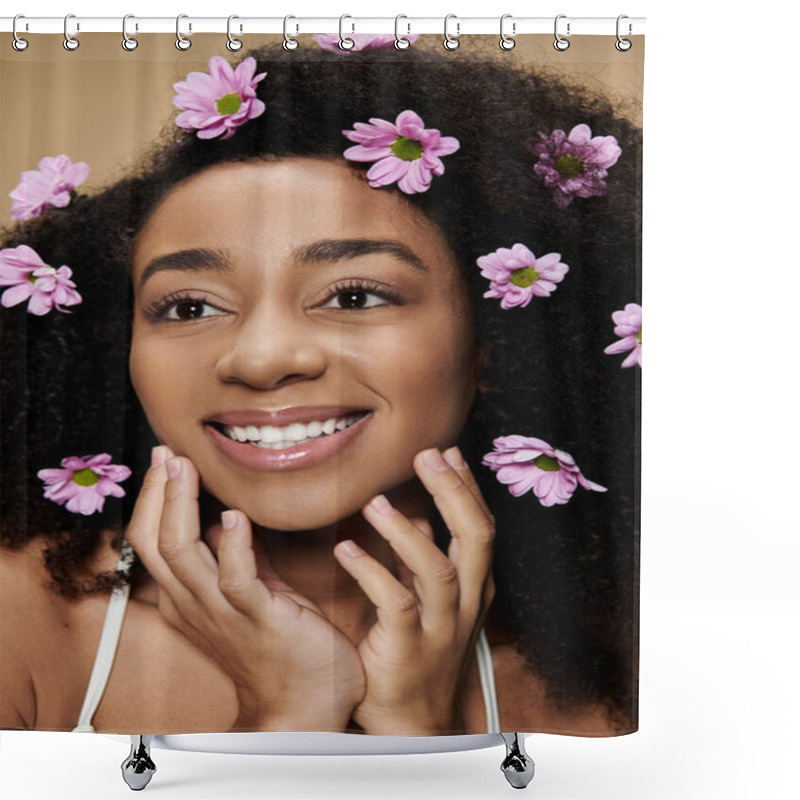 Personality  A Beautiful African American Woman With Natural Makeup And Pink Flowers In Her Hair Smiles Against A Beige Backdrop. Shower Curtains