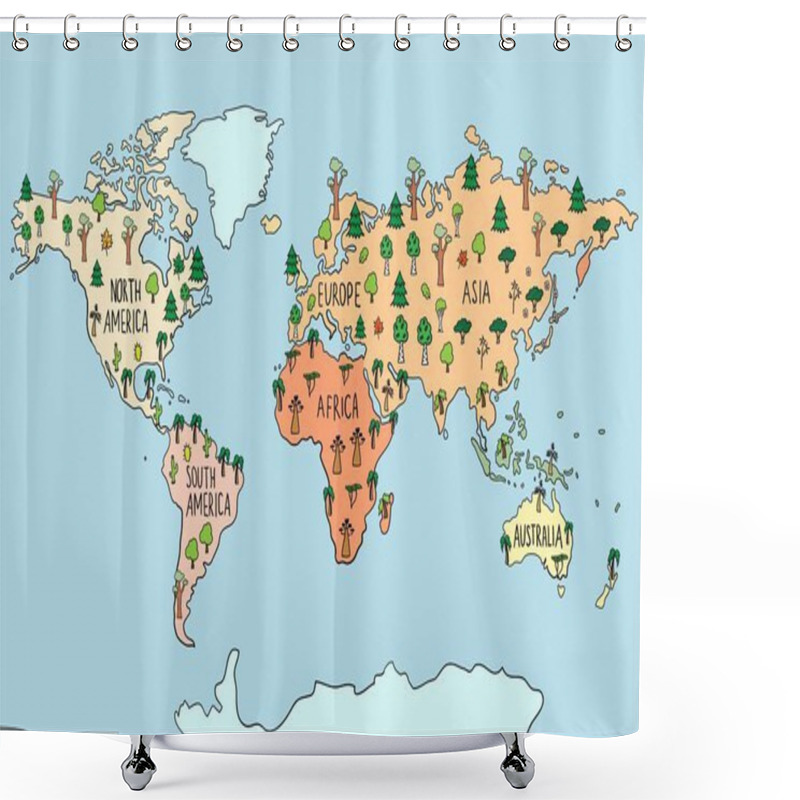 Personality  Colored Hand Drawn Doodle Map With Trees. Maple Tree, Pine, Birch, Palm, Sacura. World Flora. Habitats Vector Illustration Shower Curtains