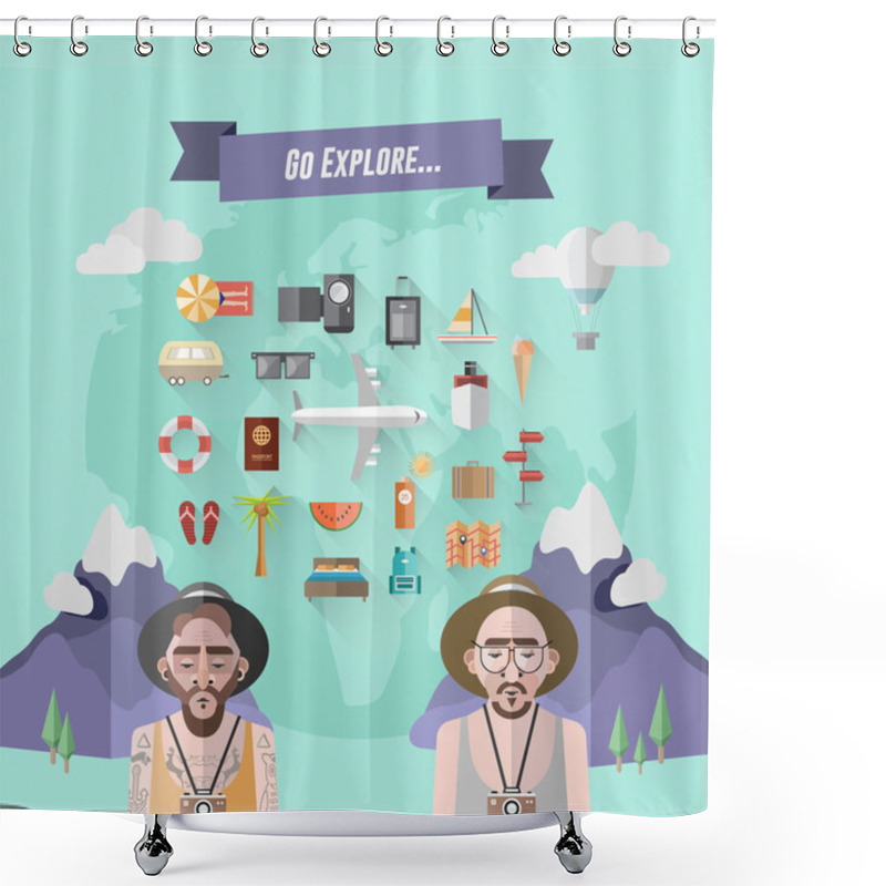 Personality  International Explorer Vector With Earth And Illustrations Shower Curtains