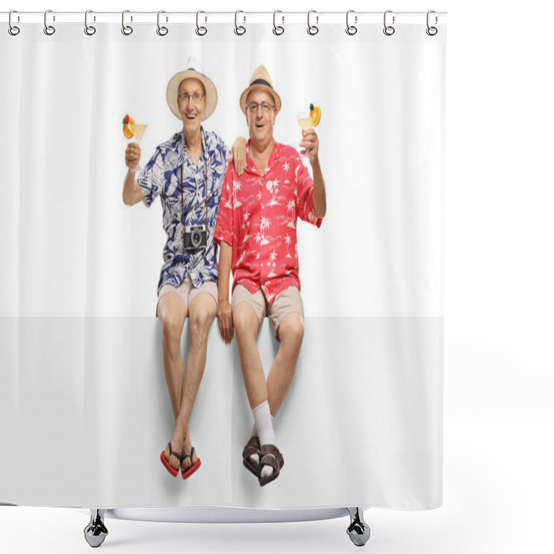 Personality  Elderly Tourists With Cocktails Sitting On A Panel Isolated On White Background Shower Curtains