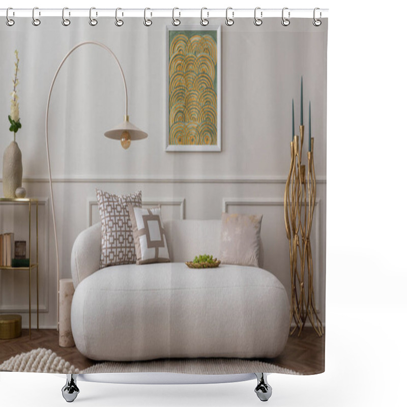 Personality  Cozy Composition Of Living Room Interior With Mock Up Poster Frame, White Sofa, Green Pillows, Gold Trace, Plants, Beige Lamp, Wall With Stucco And Personal Accessories. Home Decor. Template.  Shower Curtains