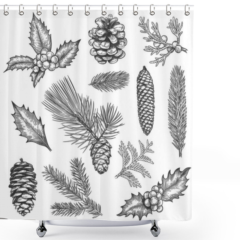 Personality  Sketch Xmas Branch. Christmas Plants Fir Branches, Pine Cones And Holly Leaves With Berries, Boxwood, Botanical Vintage Engraving Vector Set Shower Curtains