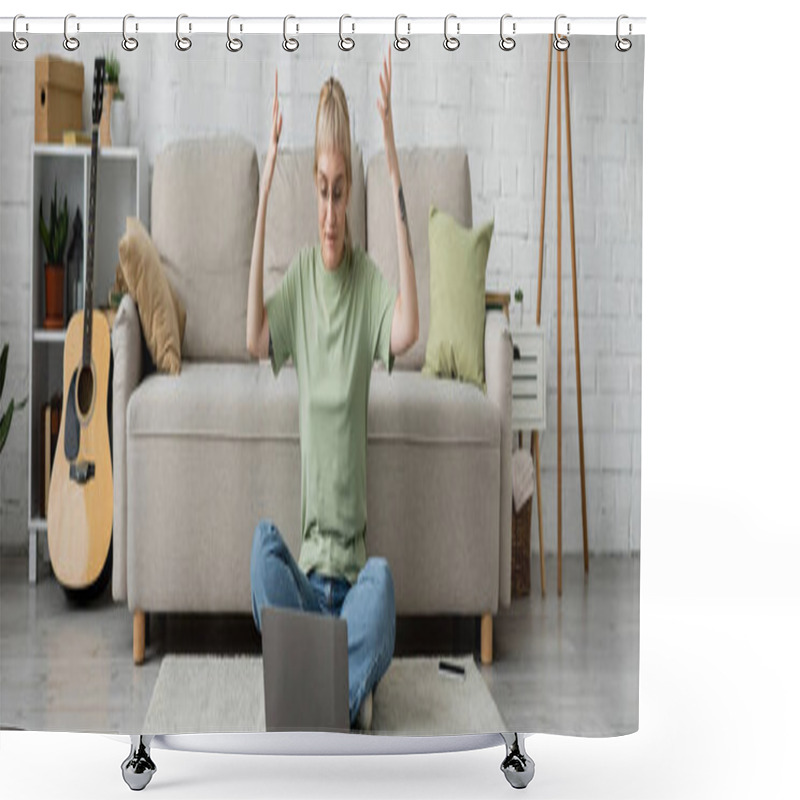 Personality  Emotional Tattooed Woman With Bangs And Eyeglasses Using Laptop While Gesturing, Sitting On Carpet Near Smartphone, Comfortable Couch, Guitar And Rack With Plants In Modern Living Room, Banner  Shower Curtains