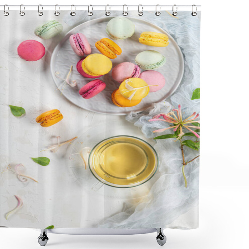 Personality  Colorful French Macaroon Cakes. Macaroons With Jasmine Flowers And Tea On White Table Background. Selective Focus Shower Curtains