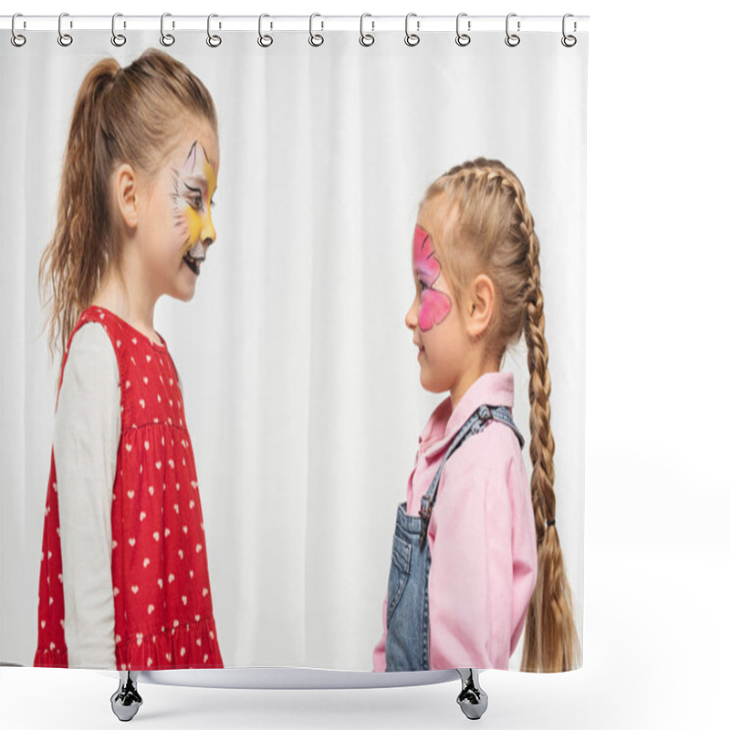 Personality  Side View Of Smiling Friends With Cat Muzzle And Butterfly Paintings On Faces Looking At Each Other Isolated On White Shower Curtains