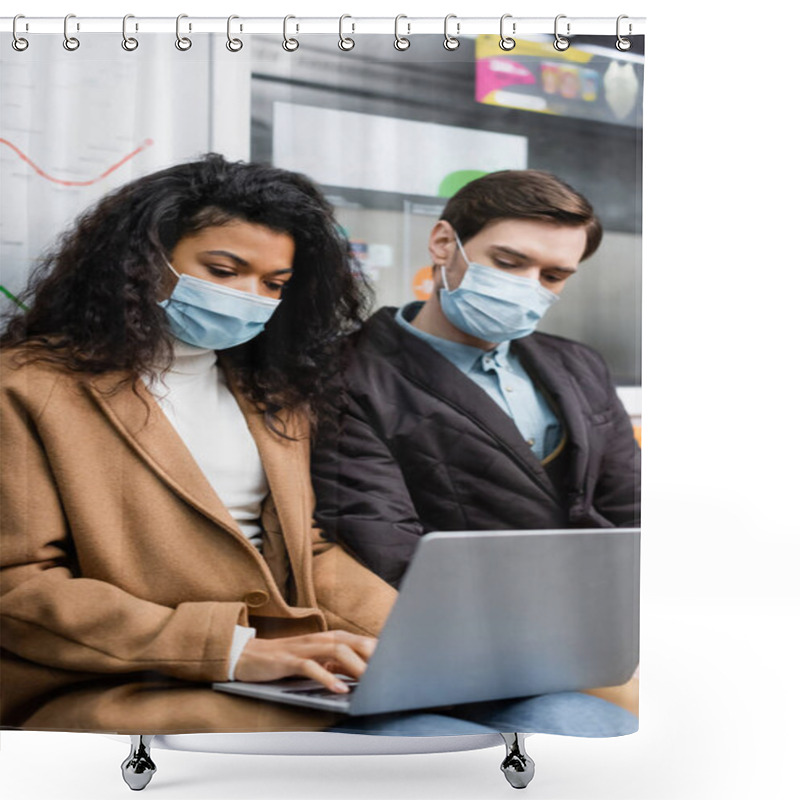 Personality  African American Woman In Medical Mask Using Laptop Near Man In Subway Shower Curtains