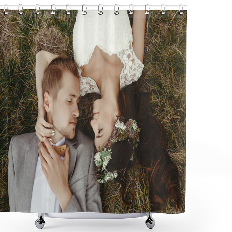 Personality  Newlyweds Lying On Grass Shower Curtains