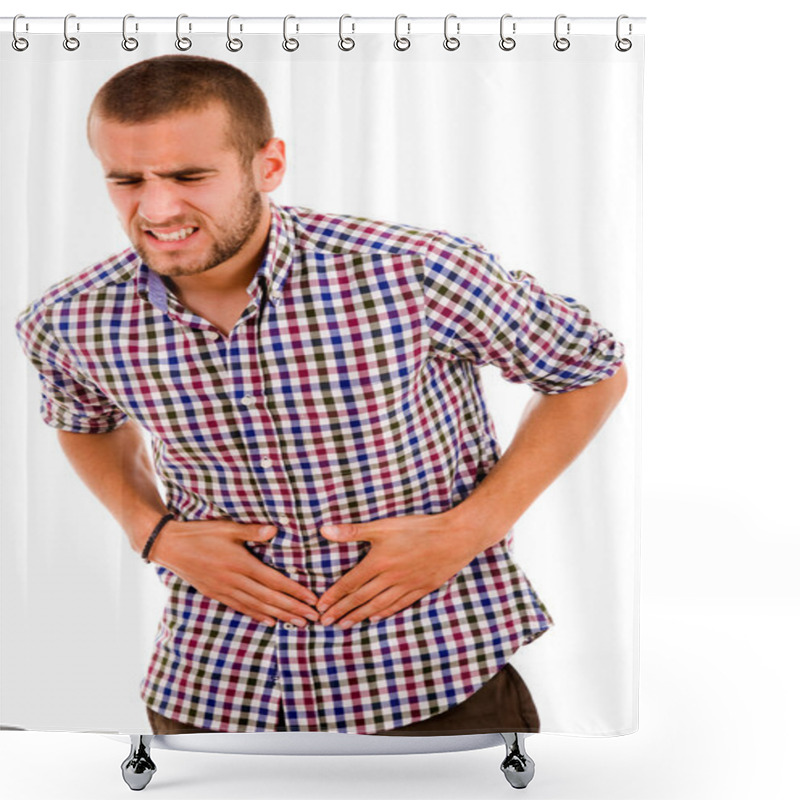 Personality  Young Man With Strong Stomach Pain Isolated On White Background Shower Curtains