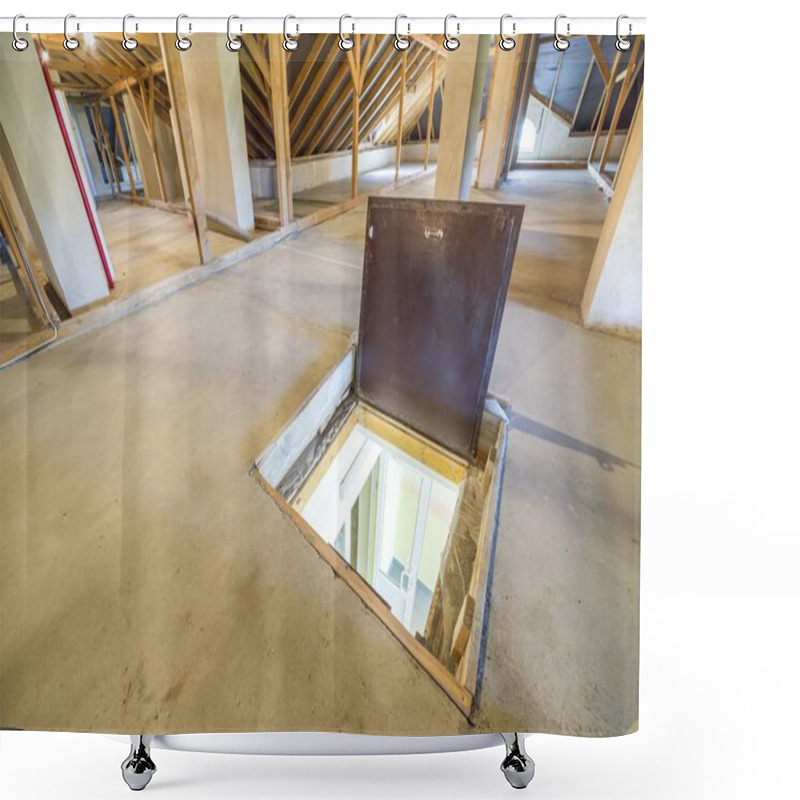 Personality  Attic Of A Building With Wooden Beams Of A Roof Structure And A  Shower Curtains