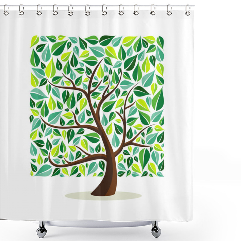 Personality  Tree Made Of Green Leaves With Branches In Square Shape. Nature Concept, Environment Help Or Earth Care. EPS10 Vector Shower Curtains