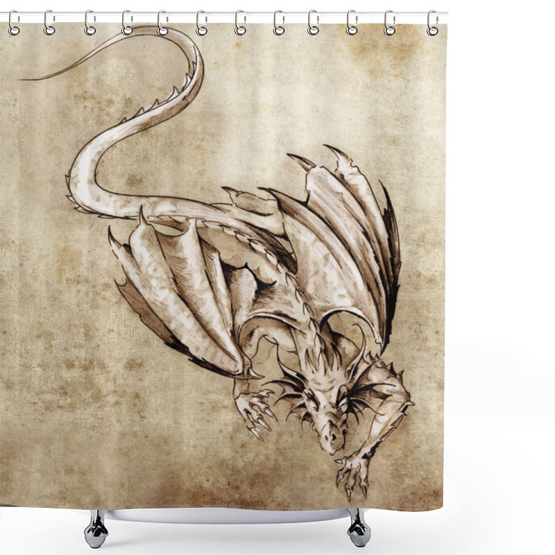 Personality  Sketch Of Tattoo Art, Modern Dragon Shower Curtains