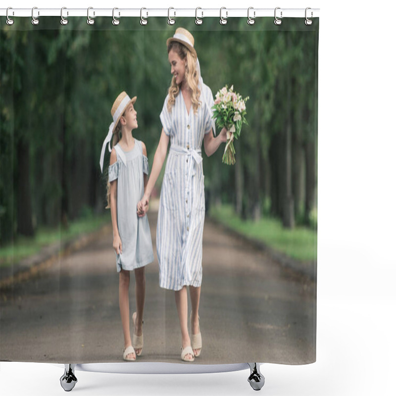 Personality  Mother And Daughter In Straw Hats Holding Hands And Walking In Green Park Shower Curtains