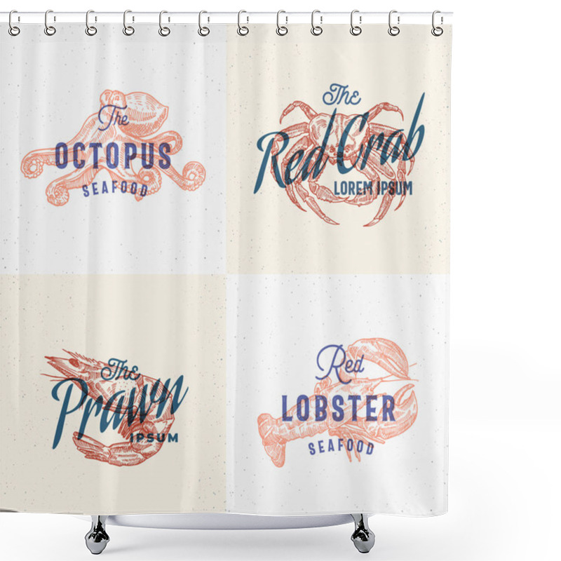 Personality  Seafood Labels Set. Retro Print Effect Cards. Abstract Vector Sign, Symbol Or Logo Templates. Hand Drawn Lobster, Octopus, Shrimp And Crab With Typography. Vintage Emblem Or Stamp. Shower Curtains