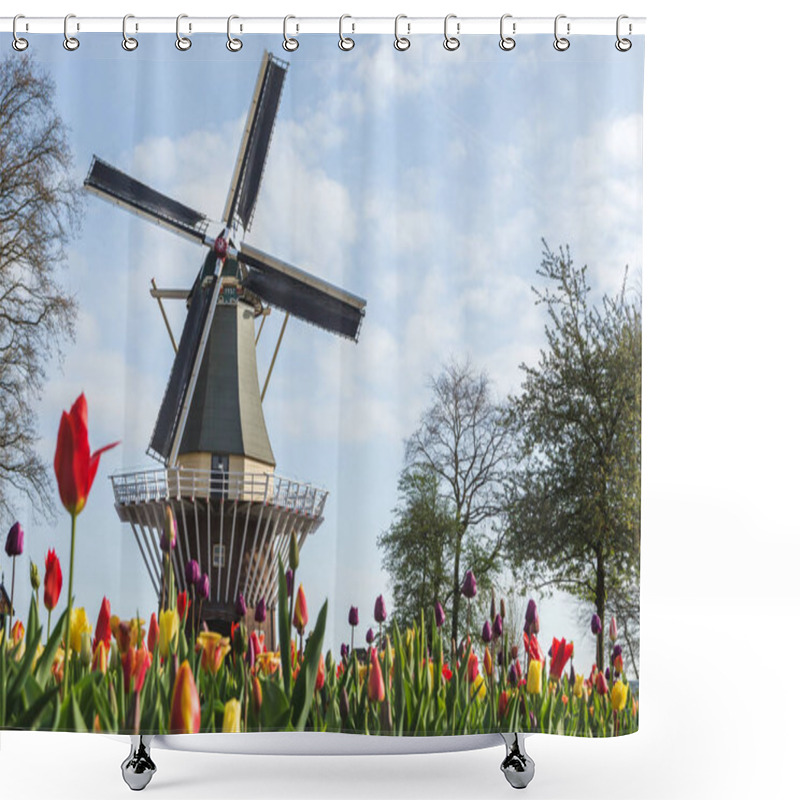 Personality  Windmill And Tulips At Keukenhof Gardens. Lisse, South Holland Province, Netherlands Shower Curtains