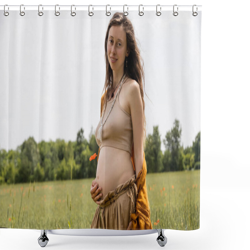 Personality  Smiling Pregnant Woman Holding Poppy And Looking At Camera In Field  Shower Curtains