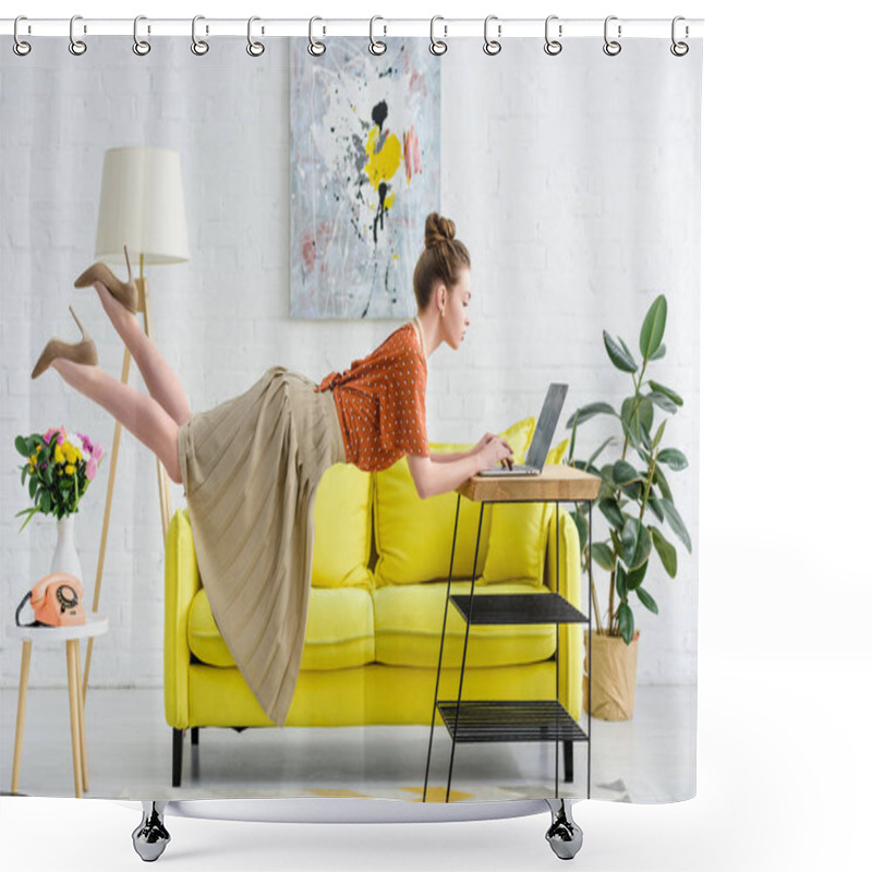 Personality  Elegant Young Woman Levitating In Air And Using Laptop In Living Room Shower Curtains