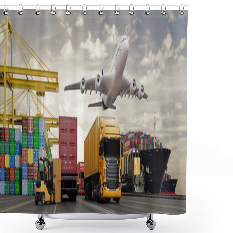 Personality  Realistic 3D Rendering Illustration Of A Global Logistics Hub Featuring Airplanes, Trucks, Containers, And Cargo Ships In A Busy Port Setting Shower Curtains