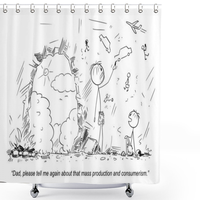 Personality  In A Cave Father Tells Child About Collapsed Civilization , Vector Gag Cartoon Stick Figure Or Character Illustration. Shower Curtains