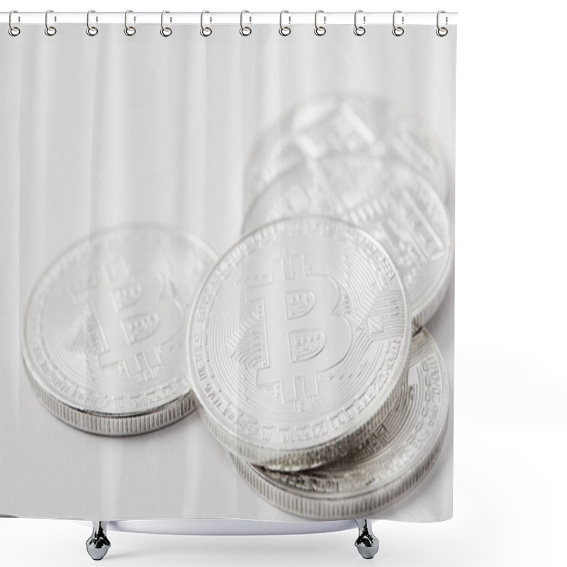 Personality  Close-up Shot Of Heap Of Bitcoins Lying On White Surface Shower Curtains