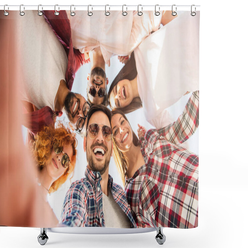 Personality  Group Of Young People Standing In A Circle, Outdoors, Making A Selfie Shower Curtains