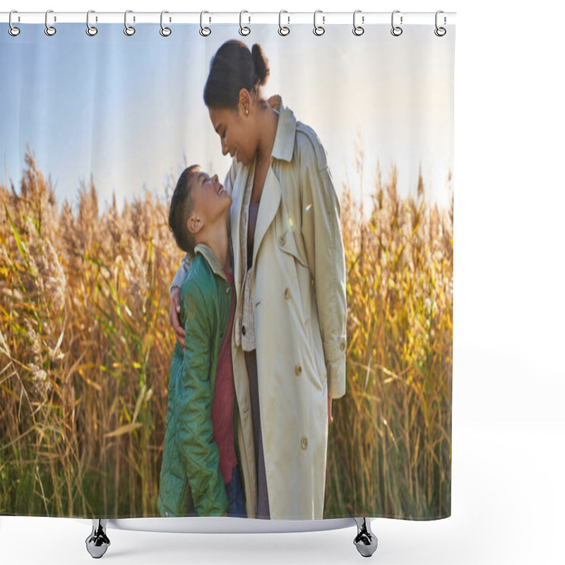 Personality  Motherly Love, African American Mother In Autumnal Clothes Embracing Son, Fall Season, Outerwear Shower Curtains