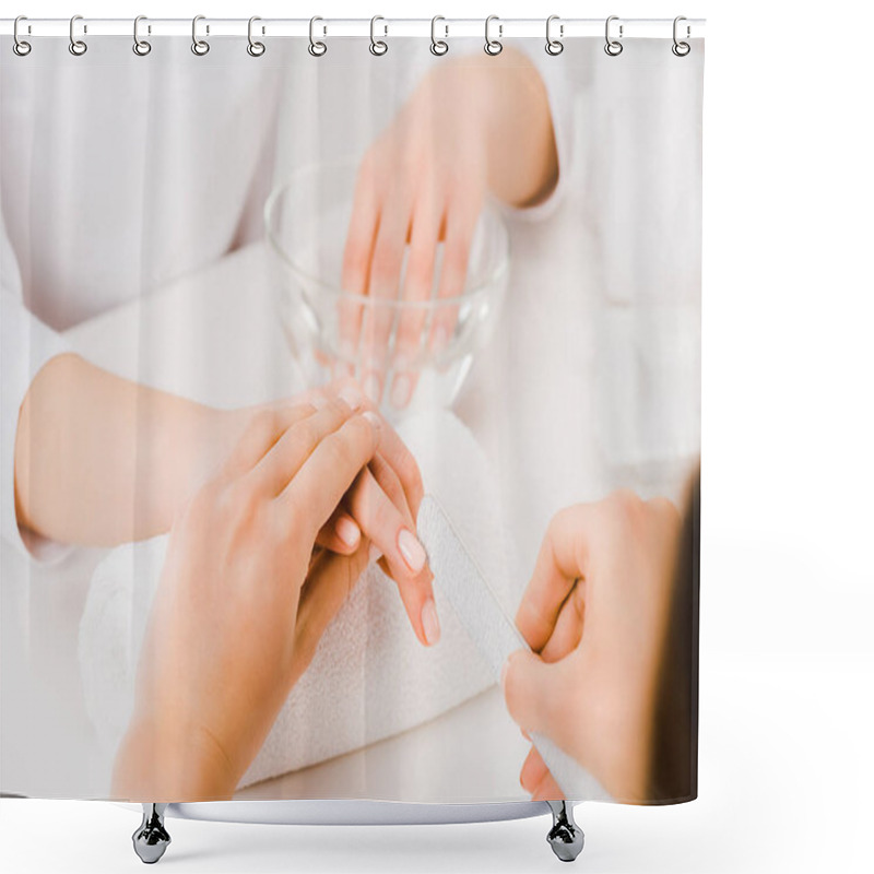 Personality  Partial View Of Manicurist Holding Female Hand And Using Nail File  Shower Curtains