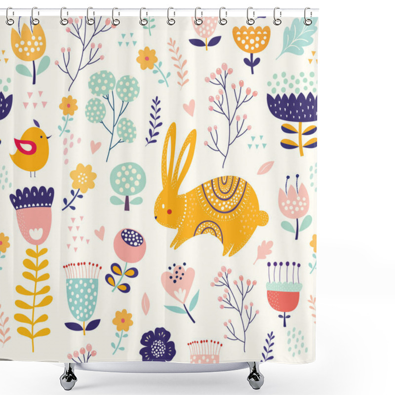 Personality  Seamless Pattern With Cute Bunny, Chicken And Flowers, Vector Illustration Shower Curtains