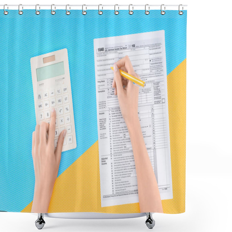 Personality  Cropped View Of Woman Using Calculator And Filling Tax Form On Blue And Yellow Background Shower Curtains