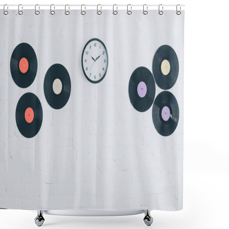 Personality  Vinyl Discs And Round Clock On White Brick Wall  Shower Curtains