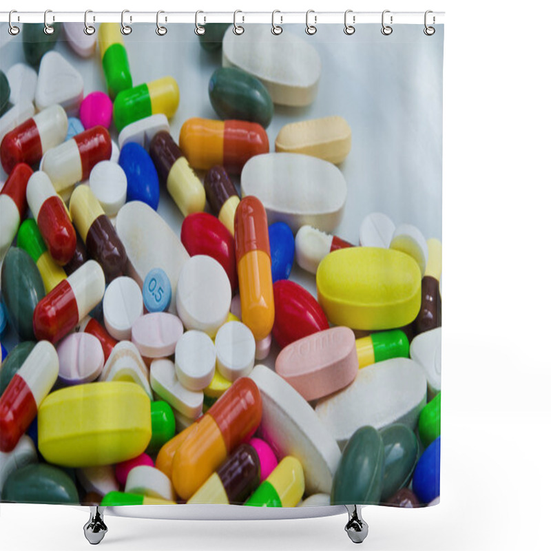 Personality  Pile Of Pills In White Isolated Background Shower Curtains