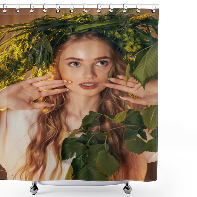 Personality  A Young Mavka Embraces Her Connection To Nature With Long Hair And A Wreath On Her Head In A Fairy And Fantasy-inspired Setting. Shower Curtains