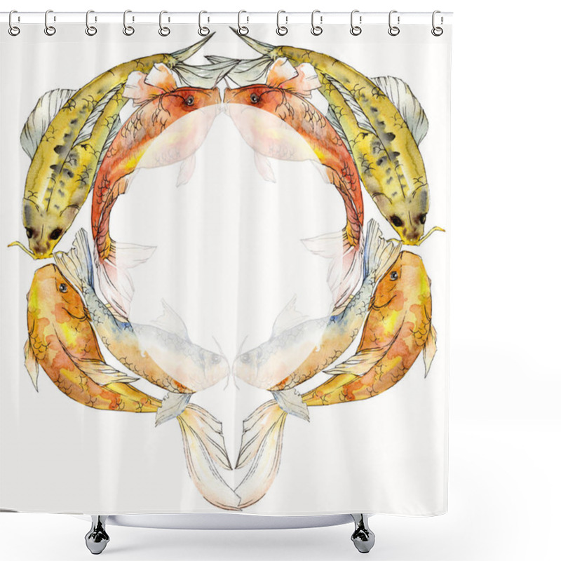 Personality  Watercolor Aquatic Underwater Tropical Fish Set. Red Sea And Exotic Fishes Inside: Goldfish. Frame Border Square. Shower Curtains