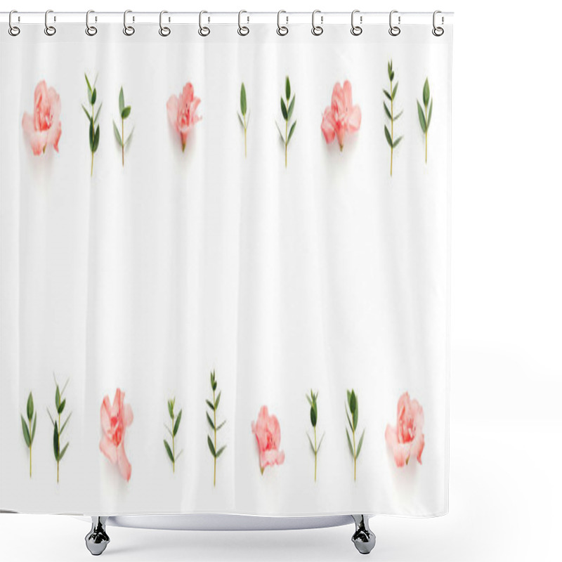 Personality  Border With Soft Pink Azalea Flowers And Green Leaves On White B Shower Curtains