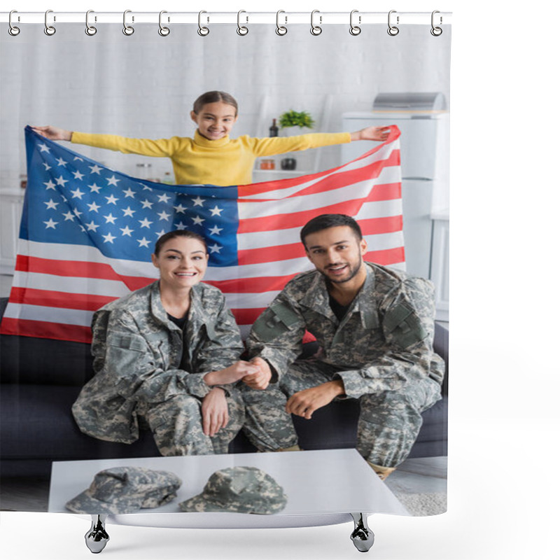 Personality  Happy Child Holding American Flag Near Parents In Military Uniform On Couch At Home  Shower Curtains