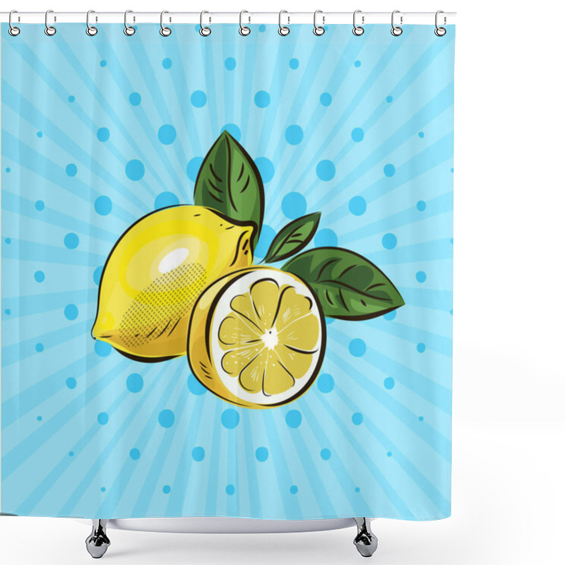 Personality  Yellow Lemon And Half Lemon With Green Leaves On Blue Background Vector Illustration In Pop Art Style Shower Curtains