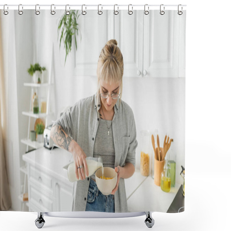 Personality  Tattooed Young Woman With Bangs In Eyeglasses Holding Bottle While Pouring Fresh Milk Into Bowl With Cornflakes And Making Breakfast While Standing In Casual Clothes In Modern Kitchen  Shower Curtains