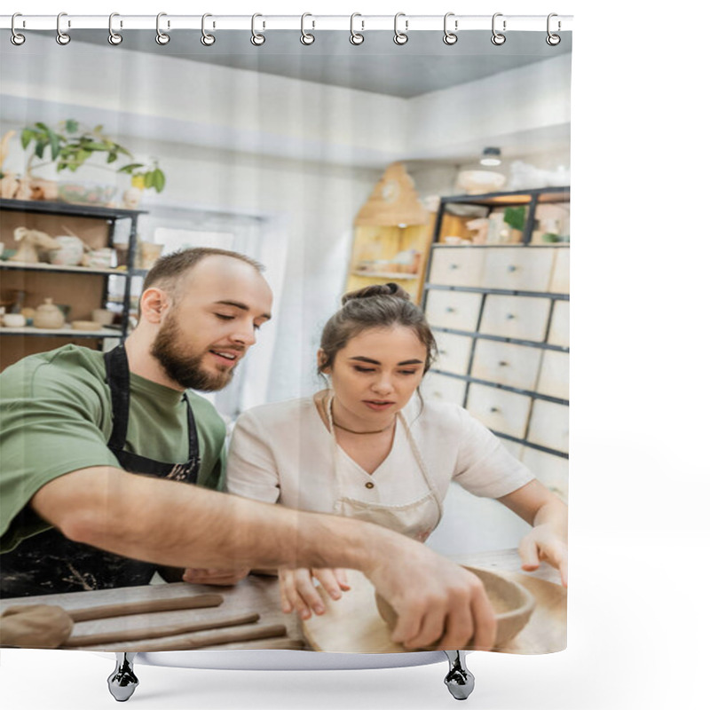 Personality  Smiling Craftsman Talking To Girlfriend And Taking Clay Bowl Near Girlfriend In Ceramic Studio Shower Curtains