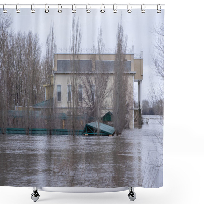 Personality  Flooded Houses On The Riverbank During The Spring Flood Shower Curtains