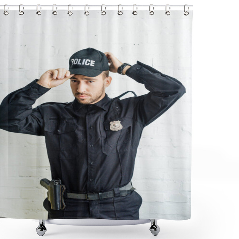 Personality  Attractive Young Policeman Putting On Cap In Front Of White Brick Wall Shower Curtains