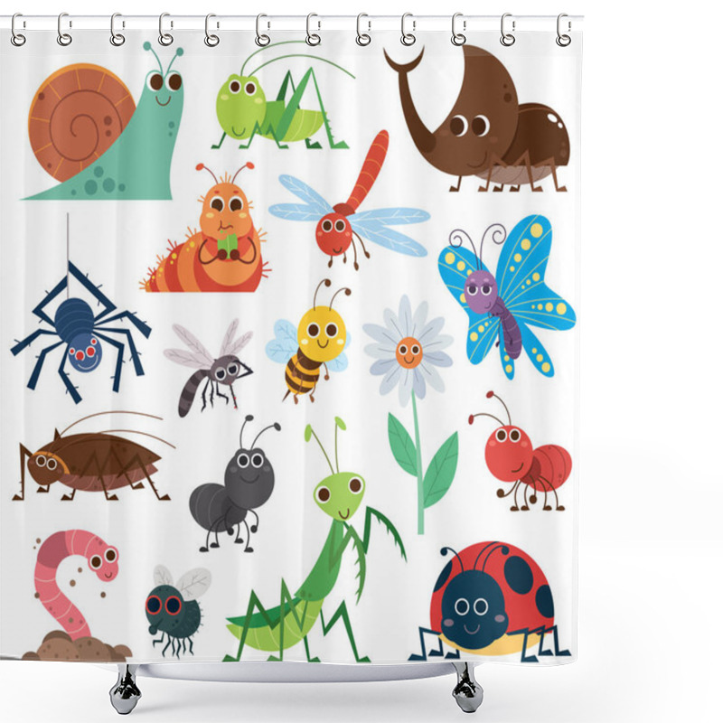 Personality  Vector Illustration Of Cute Insect Set. Cartoon Insects. Beetle, Butterfly, Bee, Snail. Cockroach Shower Curtains