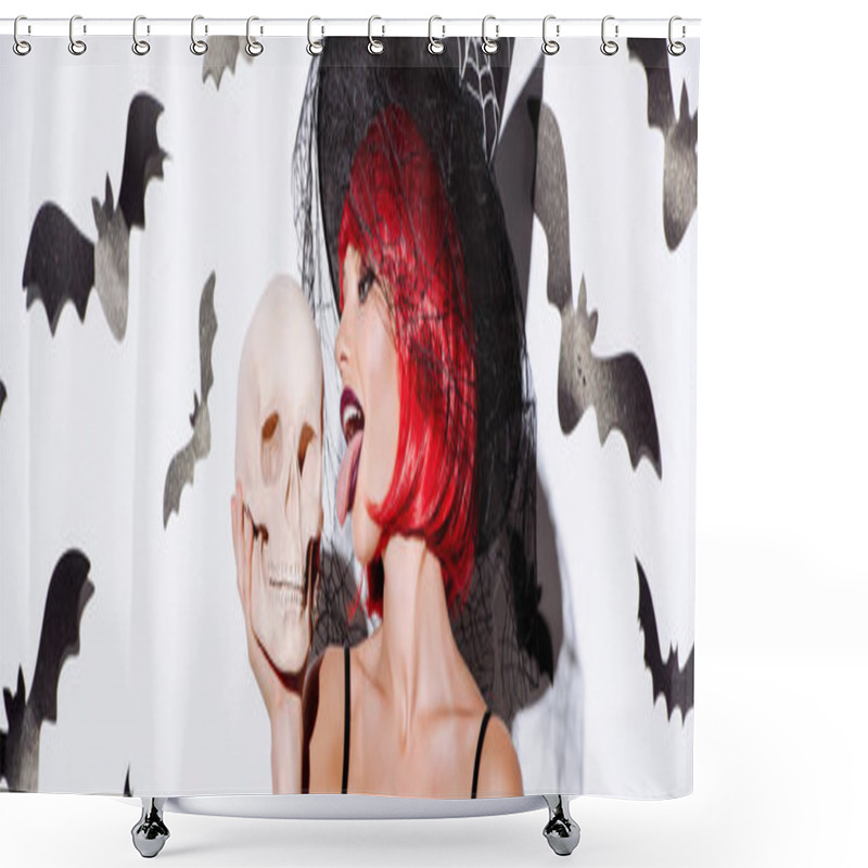 Personality  Panoramic Shot Of Girl In Black Witch Halloween Costume With Red Hair Licking Skull Near White Wall With Decorative Bats Shower Curtains