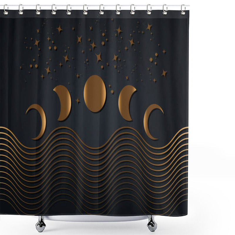 Personality  Celestial Moon Phases, Geometric Waves, Stars Sky. Abstract Contemporary Aesthetic Background. Boho Wall Decor Modern Minimalist Art Print. Organic Natural Shape Magic Concept Vector Isolated On Black Shower Curtains